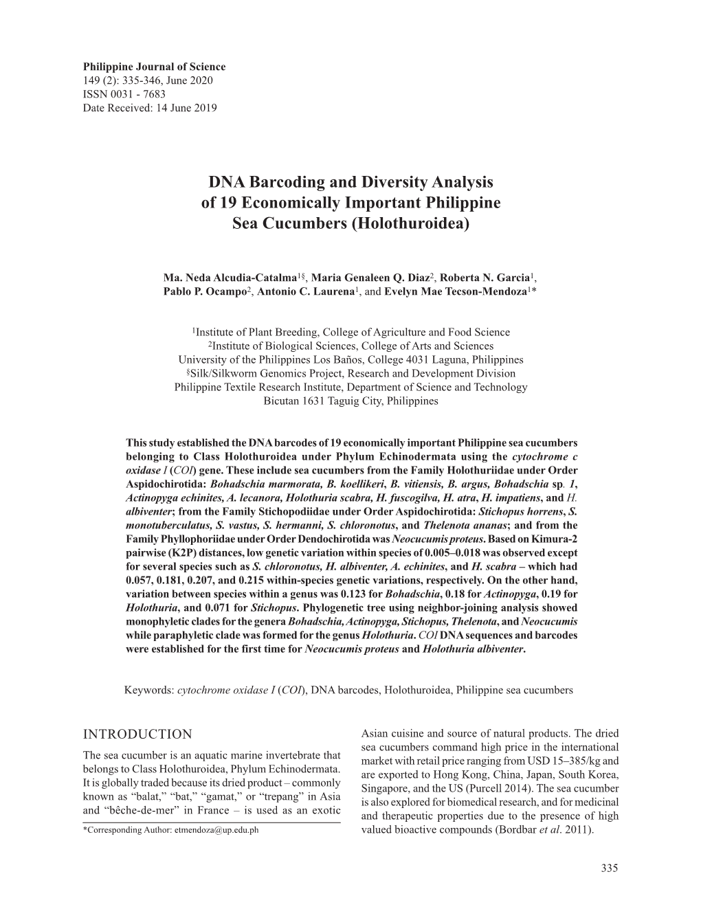 DNA Barcoding and Diversity Analysis of 19 Economically Important Philippine Sea Cucumbers (Holothuroidea)