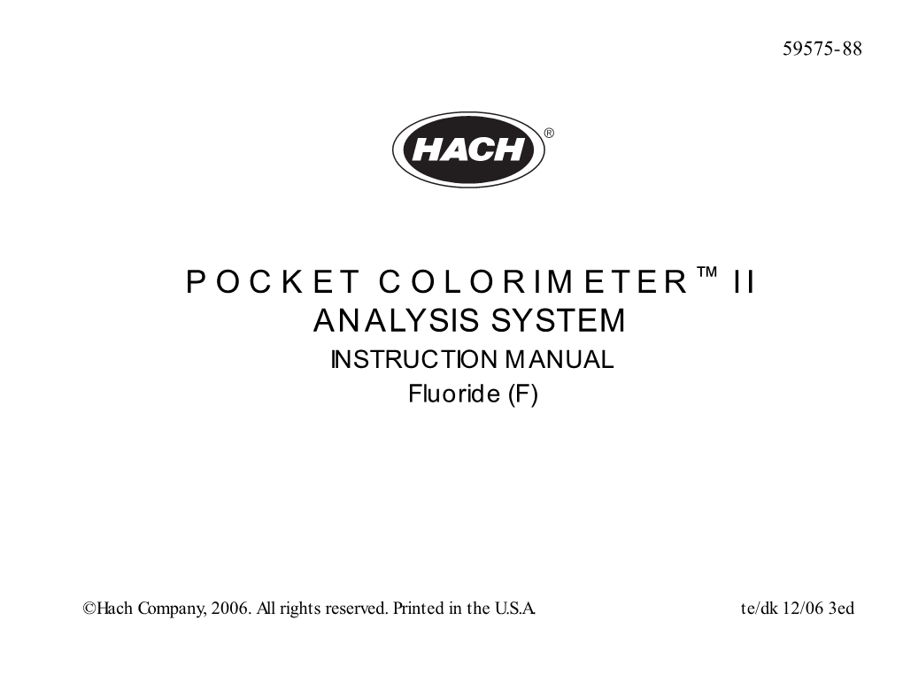 POCKET COLORIMETER™ II ANALYSIS SYSTEM INSTRUCTION MANUAL Fluoride (F)