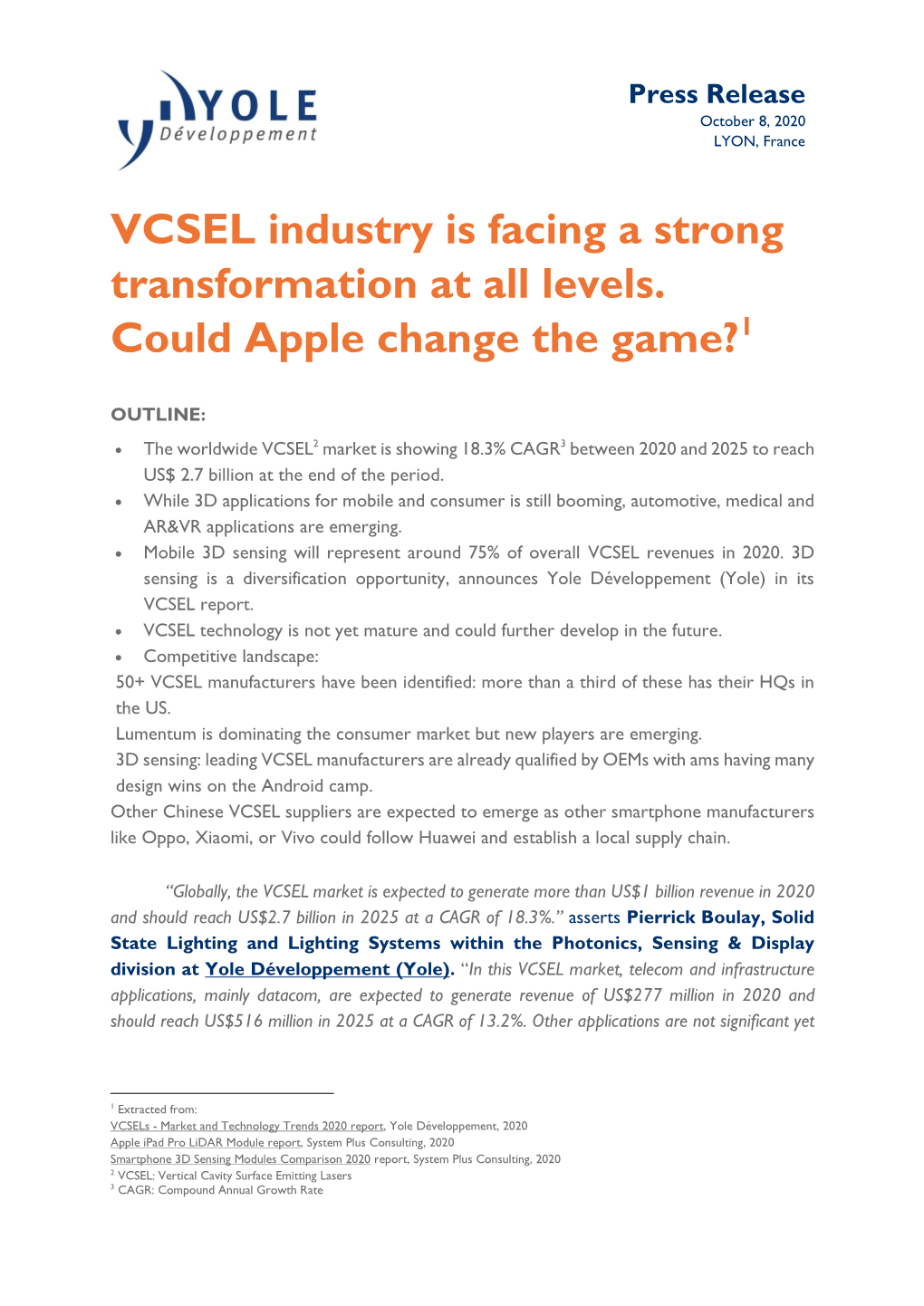 VCSEL Industry Is Facing a Strong Transformation at All Levels. Could Apple Change the Game?1
