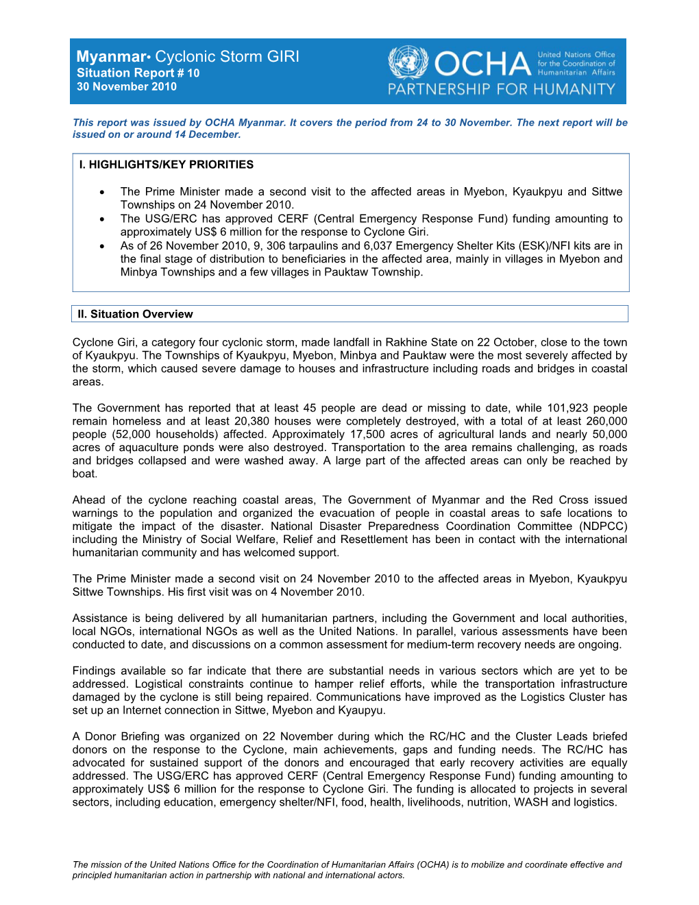 Myanmar• Cyclonic Storm GIRI Situation Report # 10 30 November 2010