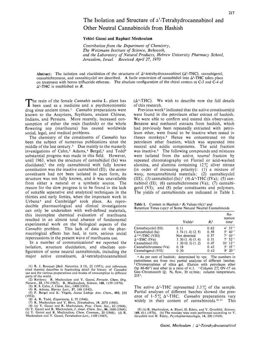 The Isolation and Structure of a ^Tetrahydrocannabinol and Other Neutral Cannabinoids from Hashish