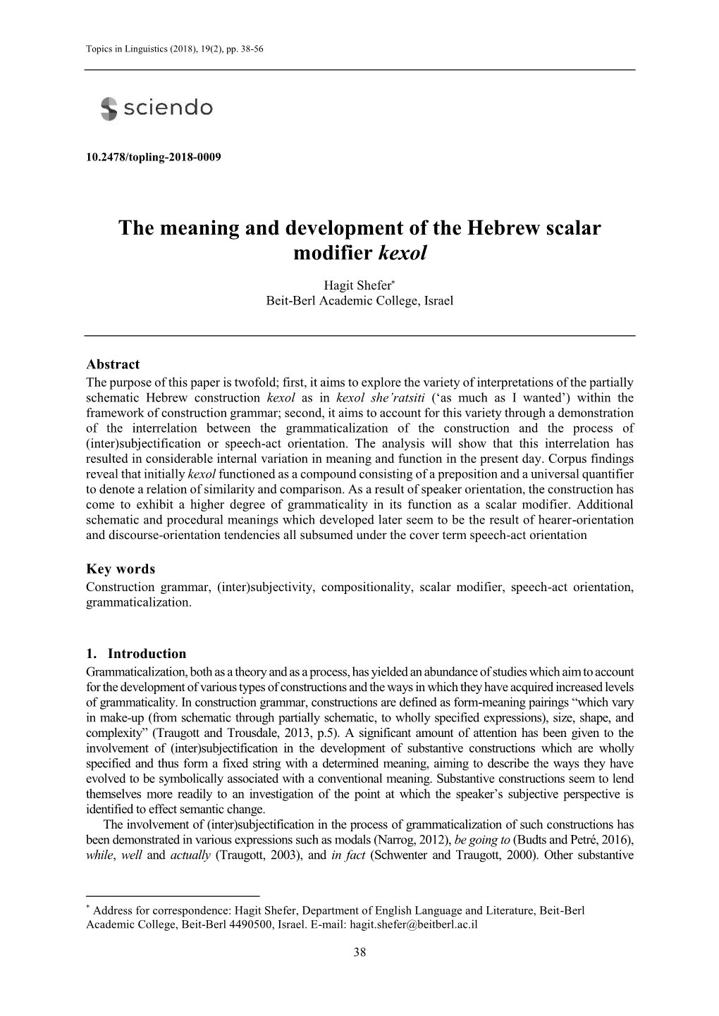 The Meaning and Development of the Hebrew Scalar Modifier Kexol