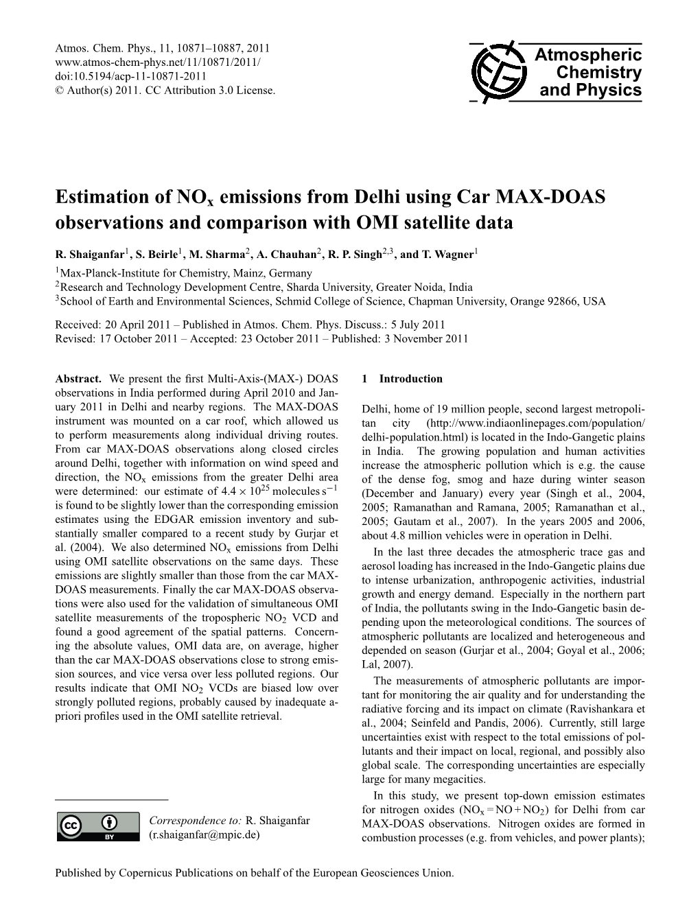 Estimation of Nox Emissions from Delhi Using Car MAX-DOAS Observations and Comparison with OMI Satellite Data