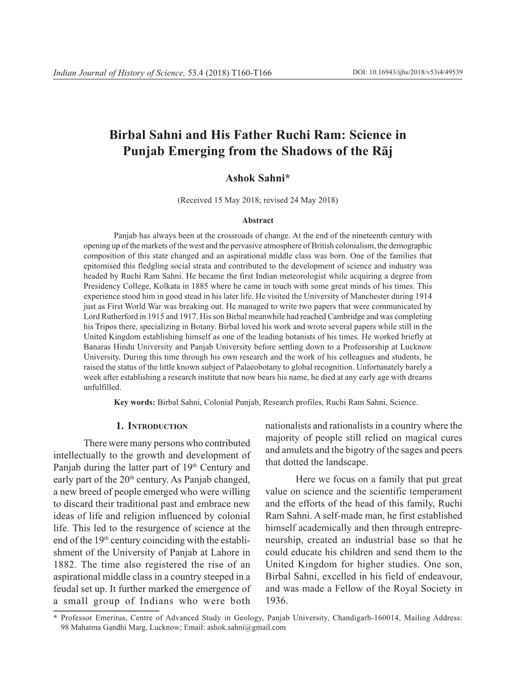 Birbal Sahni and His Father Ruchi Ram: Science in Punjab Emerging from the Shadows of the Rāj