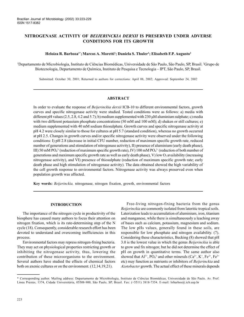 Nitrogenase Activity of Beijerinckia Derxii Is Preserved Under Adverse Conditions for Its Growth