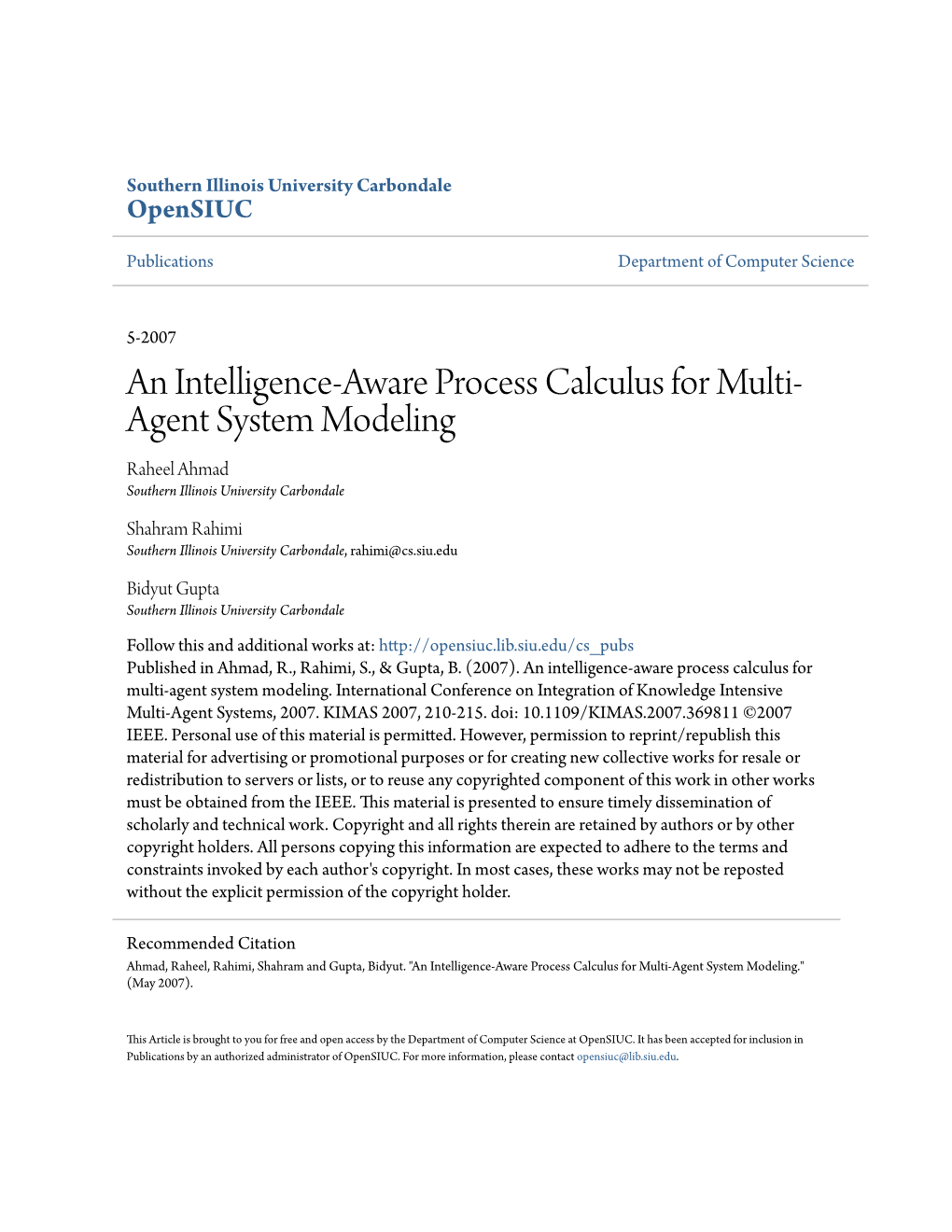 An Intelligence-Aware Process Calculus for Multi-Agent System Modeling