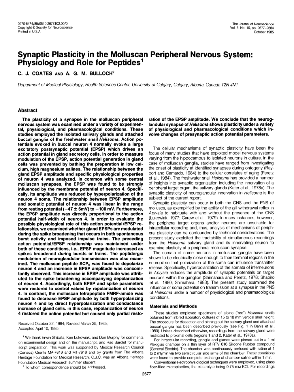 Synaptic Plasticity in the Molluscan Peripheral Nervous System: Physiology and Role for Peptides’