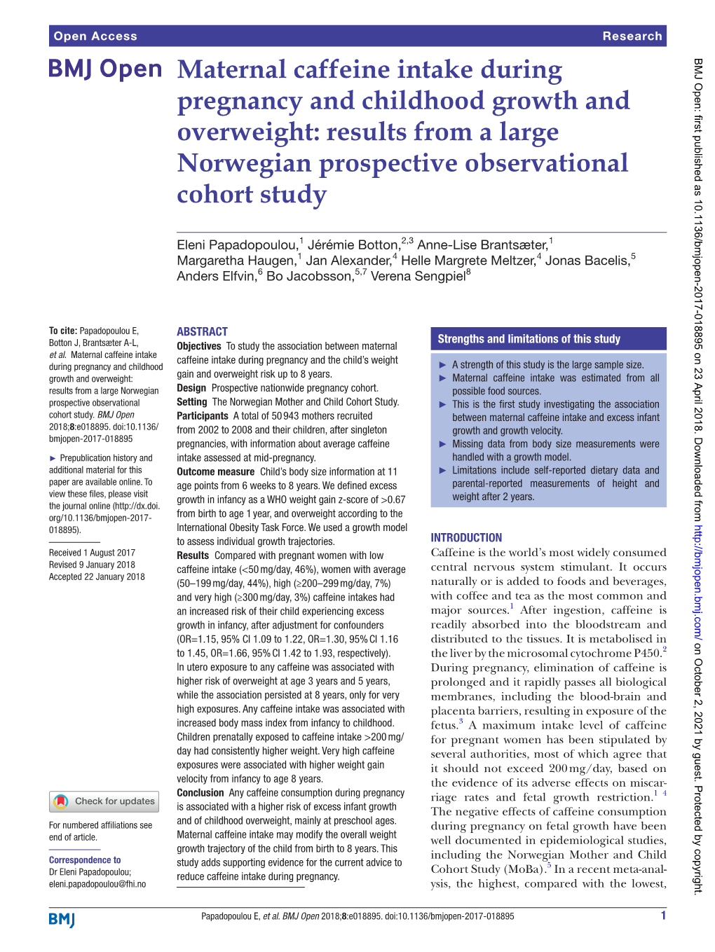Maternal Caffeine Intake During Pregnancy and Childhood Growth and Overweight: Results from a Large Norwegian Prospective Observational Cohort Study