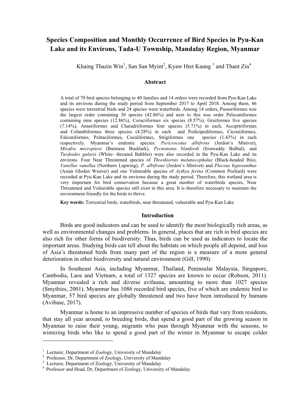 Species Composition and Monthly Occurrence of Bird Species in Pyu-Kan Lake and Its Environs, Tada-U Township, Mandalay Region, Myanmar