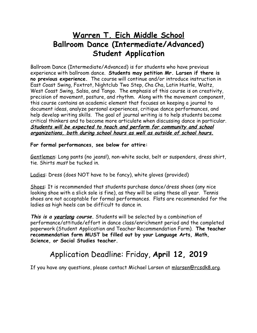Warren T. Eich Middle School Ballroom Dance (Intermediate/Advanced) Student Application