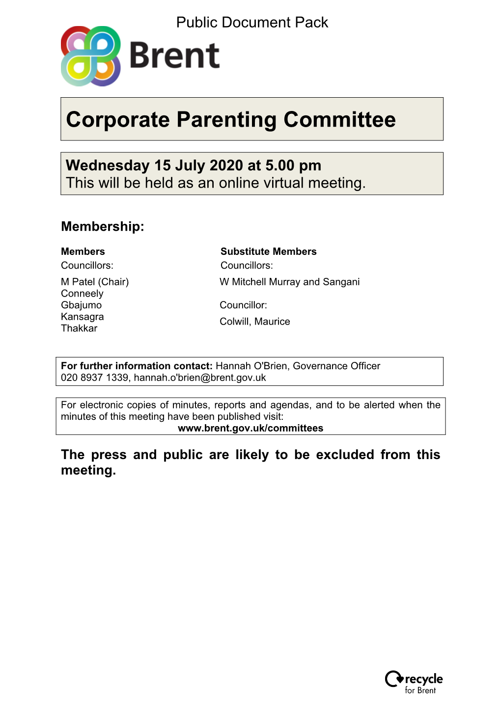 (Public Pack)Agenda Document for Corporate Parenting Committee, 15