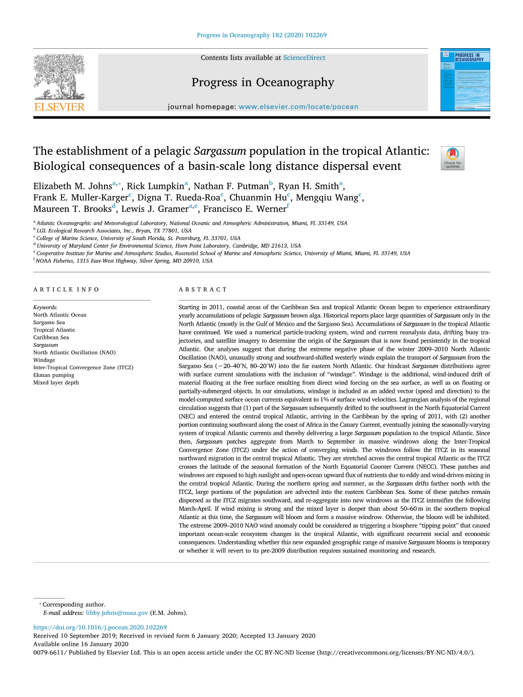 The Establishment of a Pelagic Sargassum Population in the Tropical Atlantic: T Biological Consequences of a Basin-Scale Long Distance Dispersal Event ⁎ Elizabeth M