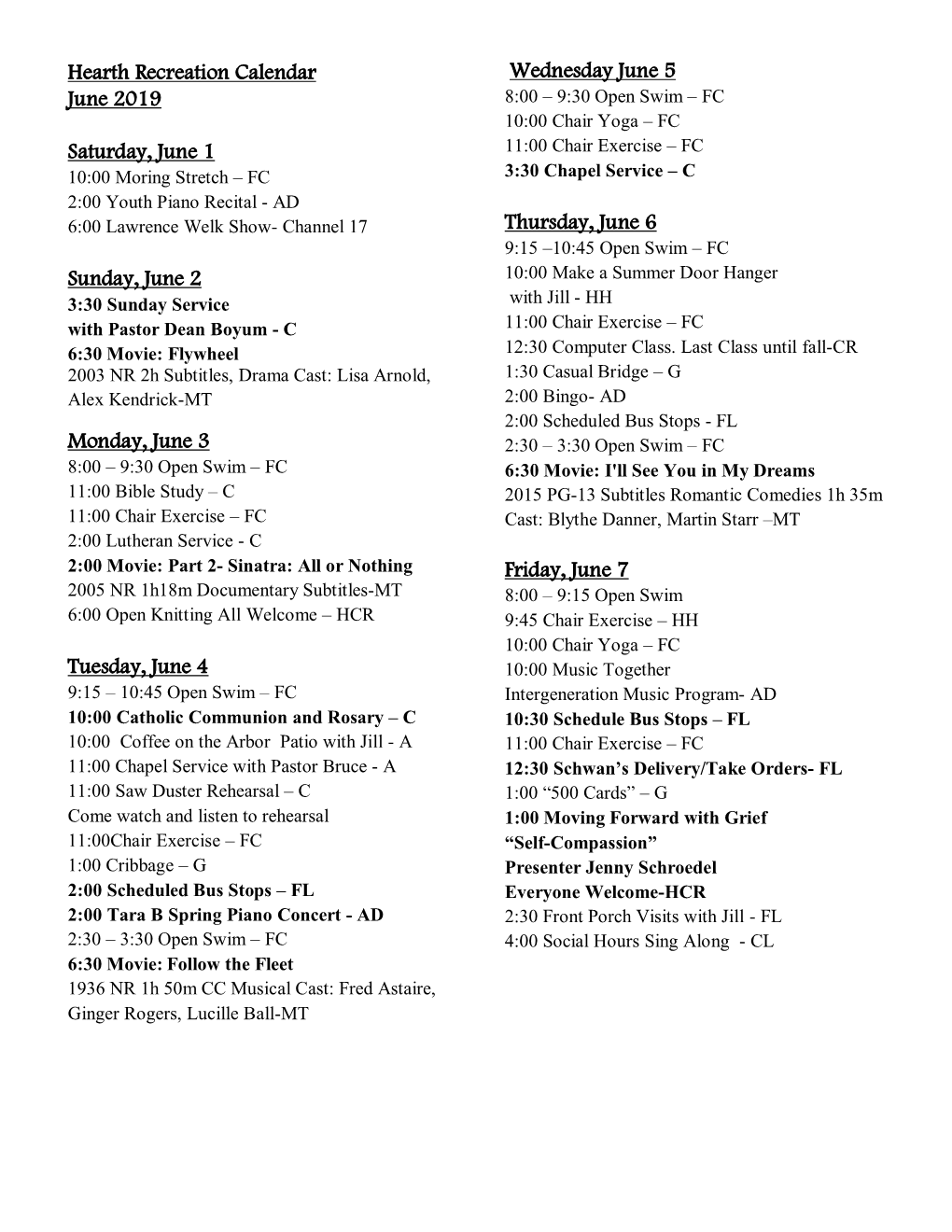 Hearth Recreation Calendar June 2019 Saturday, June 1 Sunday