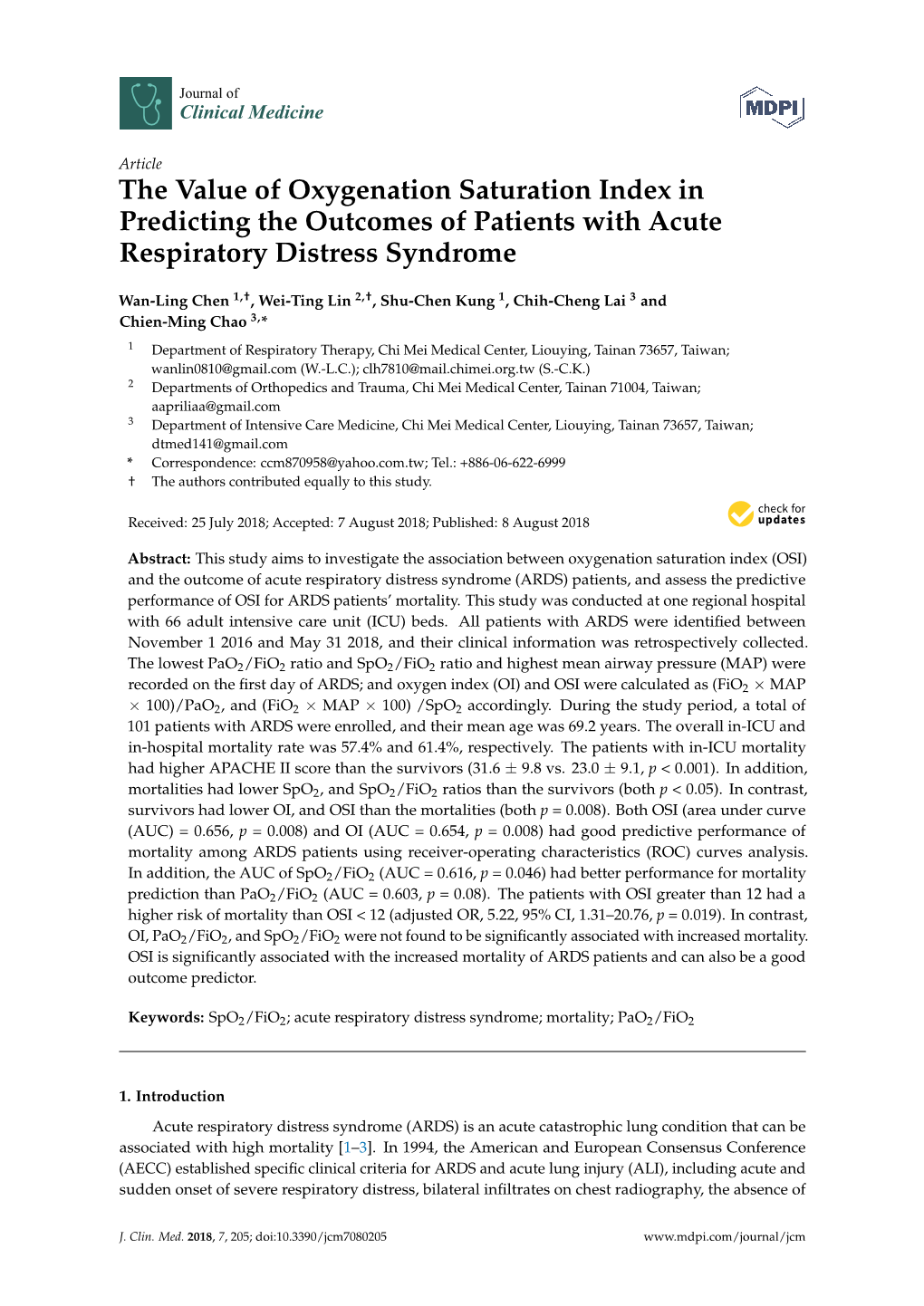 The Value of Oxygenation Saturation Index in Predicting the Outcomes of Patients with Acute Respiratory Distress Syndrome
