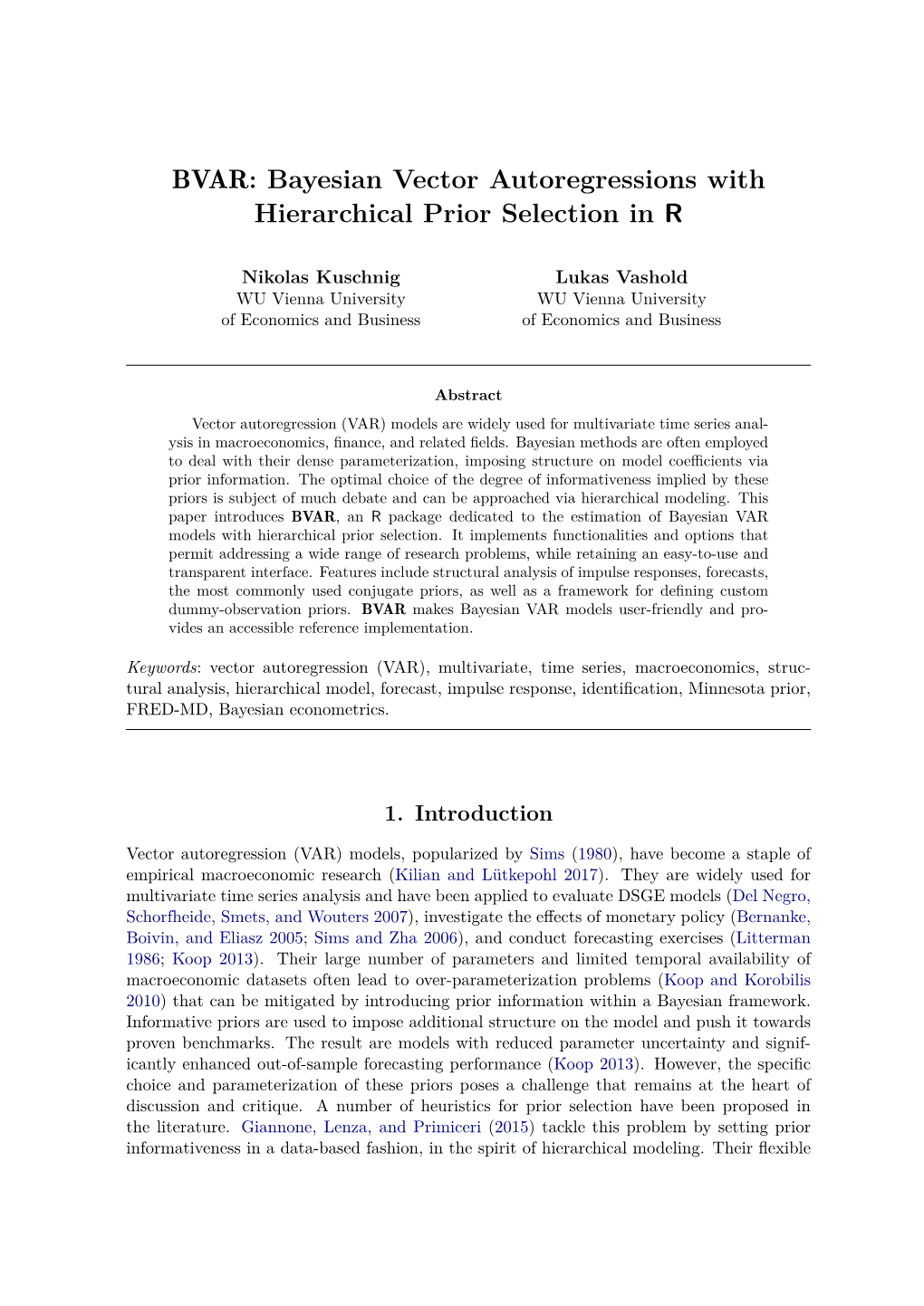BVAR: Bayesian Vector Autoregressions with Hierarchical Prior Selection in R