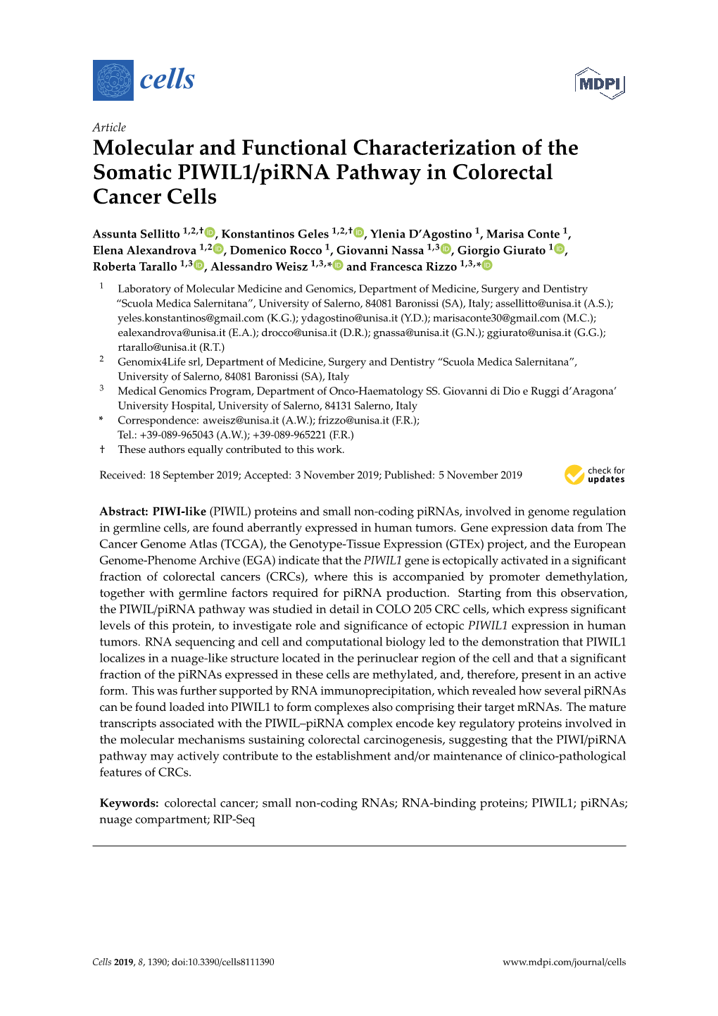 Molecular and Functional Characterization of the Somatic PIWIL1/Pirna Pathway in Colorectal Cancer Cells