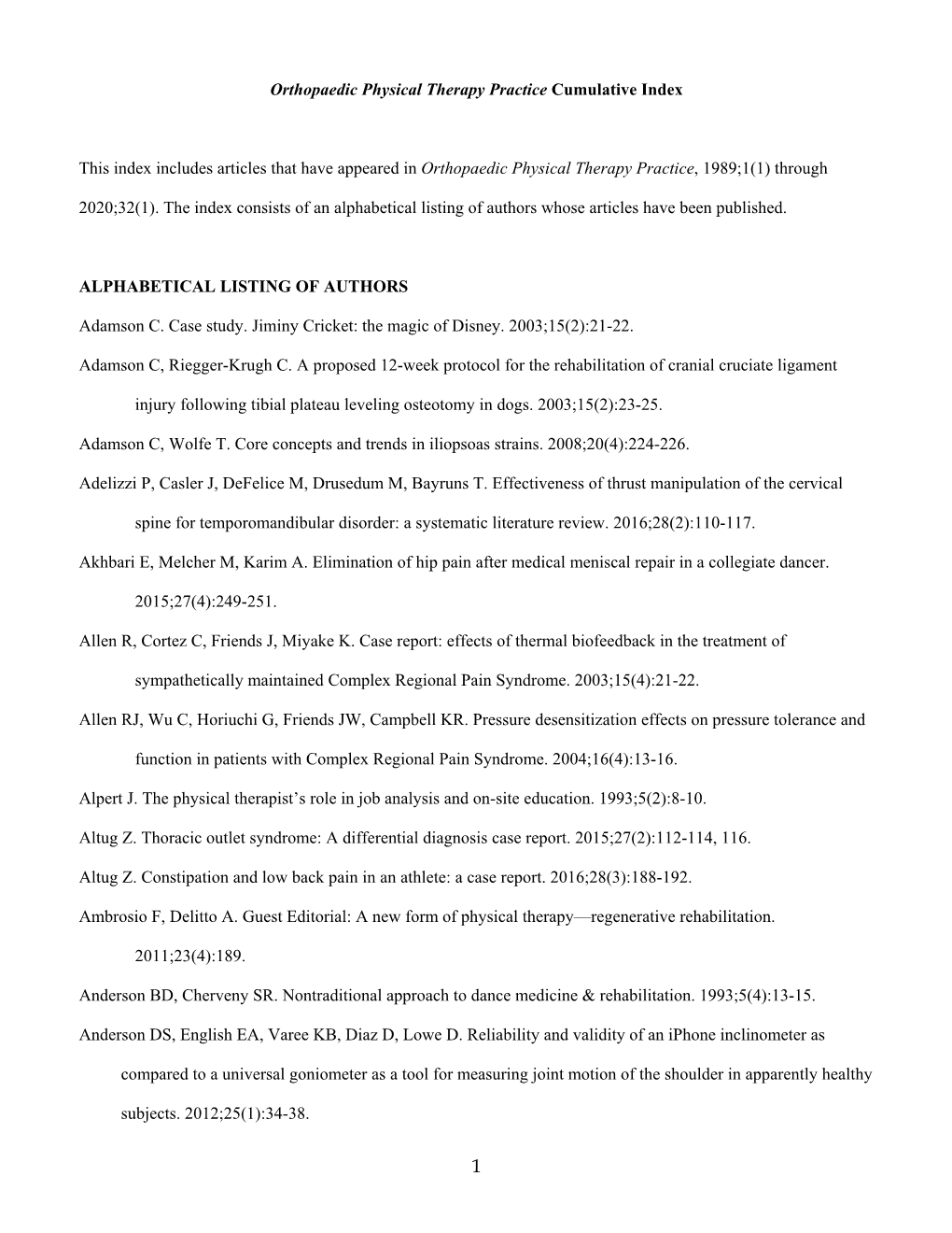 Orthopaedic Physical Therapy Practice Cumulative Index This Index Includes Articles That Have Appeared in Orthopaedic Physical T