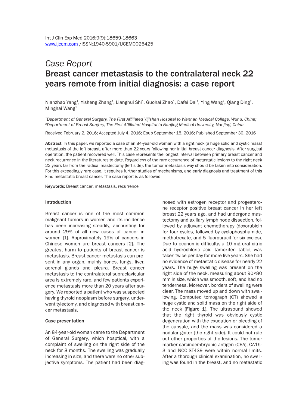 Case Report Breast Cancer Metastasis to the Contralateral Neck 22 Years Remote from Initial Diagnosis: a Case Report