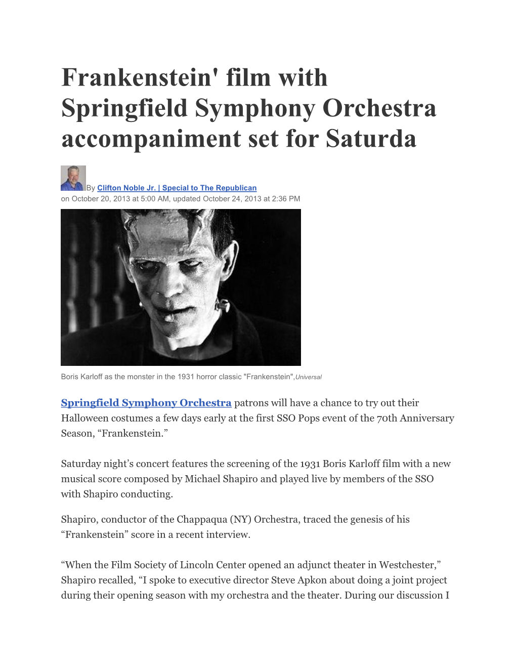 Frankenstein' Film with Springfield Symphony Orchestra Accompaniment Set for Saturda