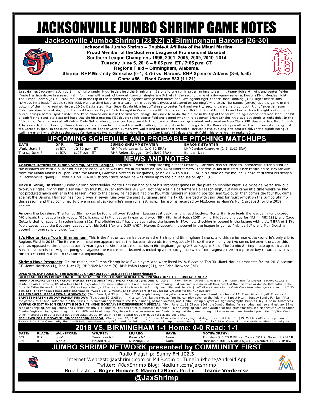 Jacksonville Jumbo Shrimp Game Notes