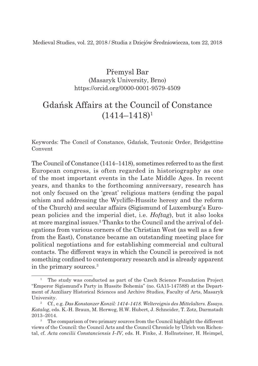 Gdańsk Affairs at the Council of Constance (1414–1418)1