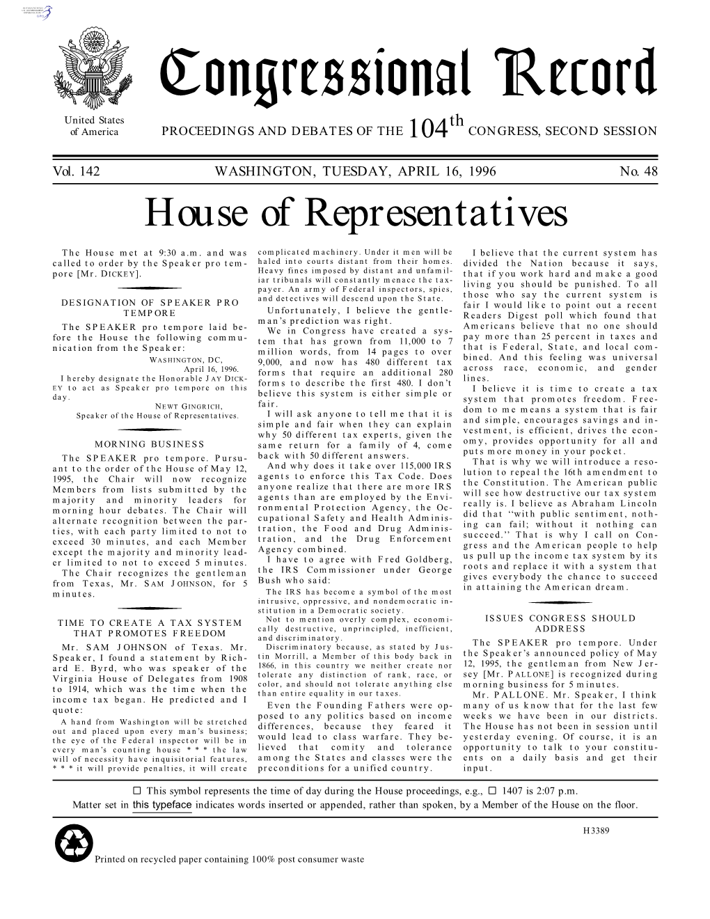 Congressional Record United States Th of America PROCEEDINGS and DEBATES of the 104 CONGRESS, SECOND SESSION