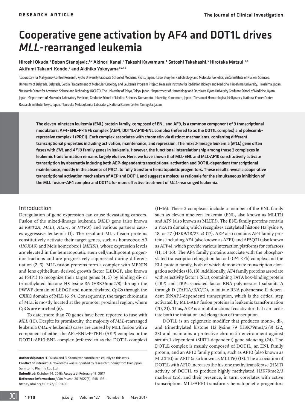 Cooperative Gene Activation by AF4 and DOT1L Drives MLL-Rearranged Leukemia