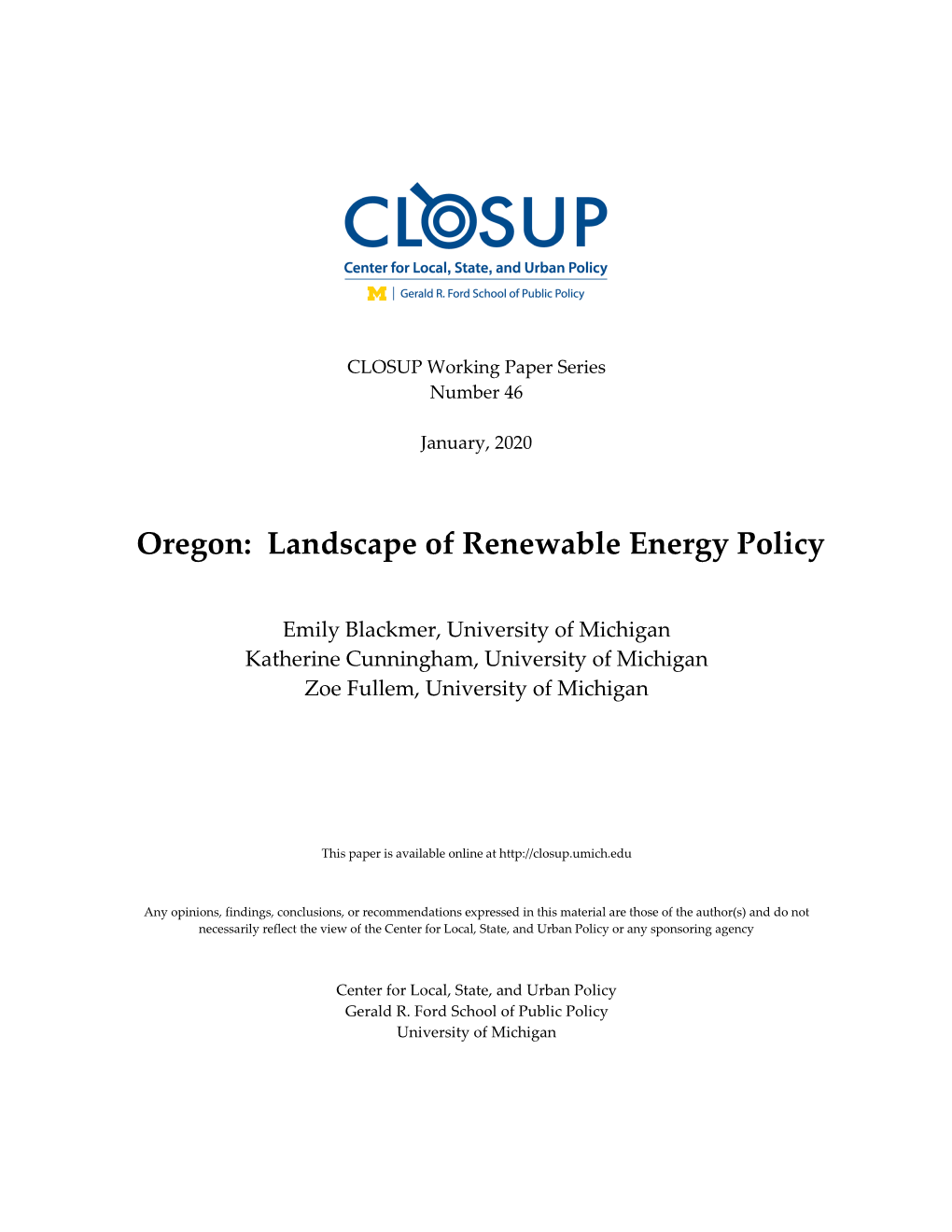 Oregon: Landscape of Renewable Energy Policy