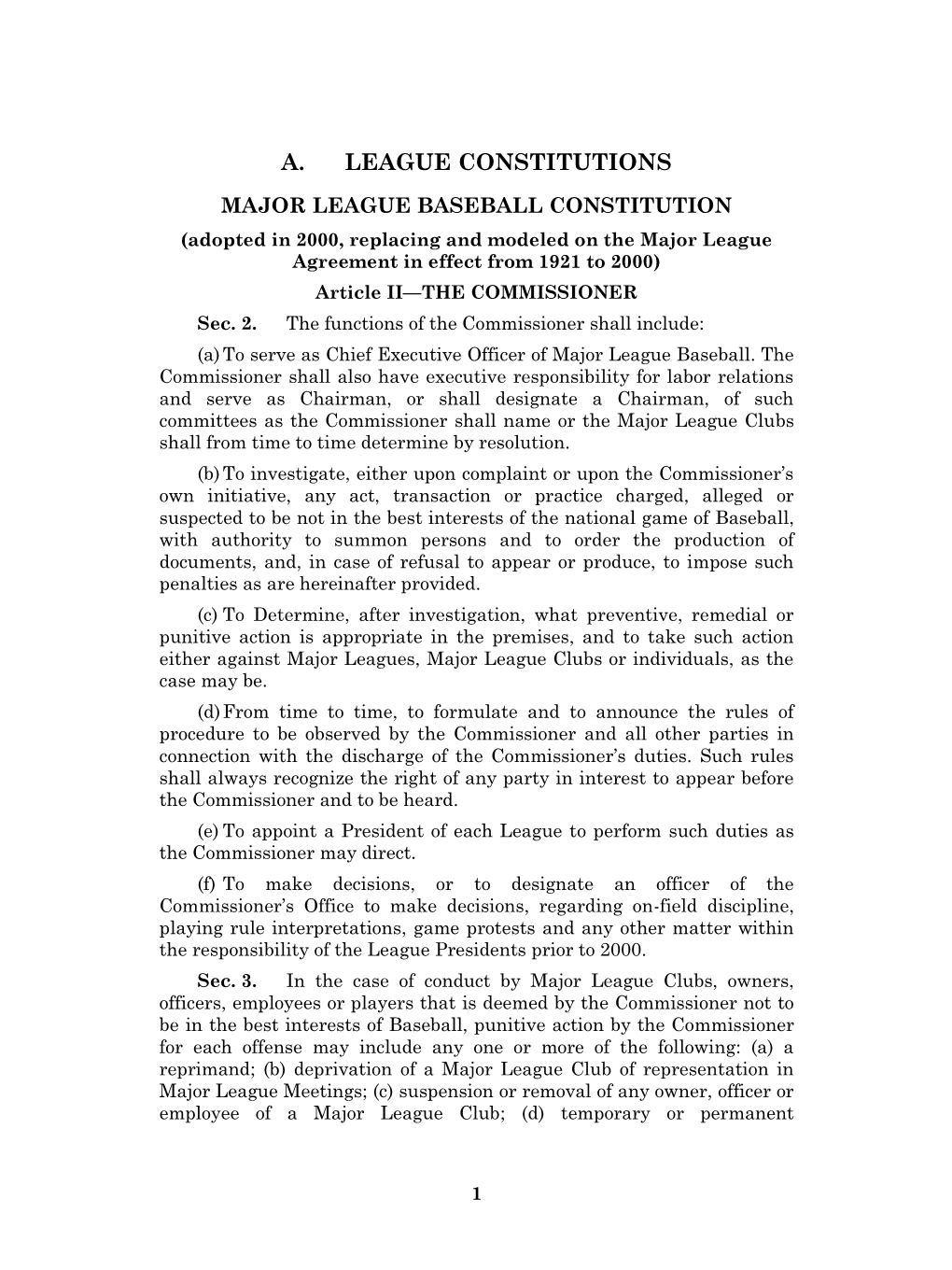 MAJOR LEAGUE BASEBALL CONSTITUTION (Adopted in 2000, Replacing and Modeled on the Major League Agreement in Effect from 1921 to 2000) Article II—THE COMMISSIONER Sec