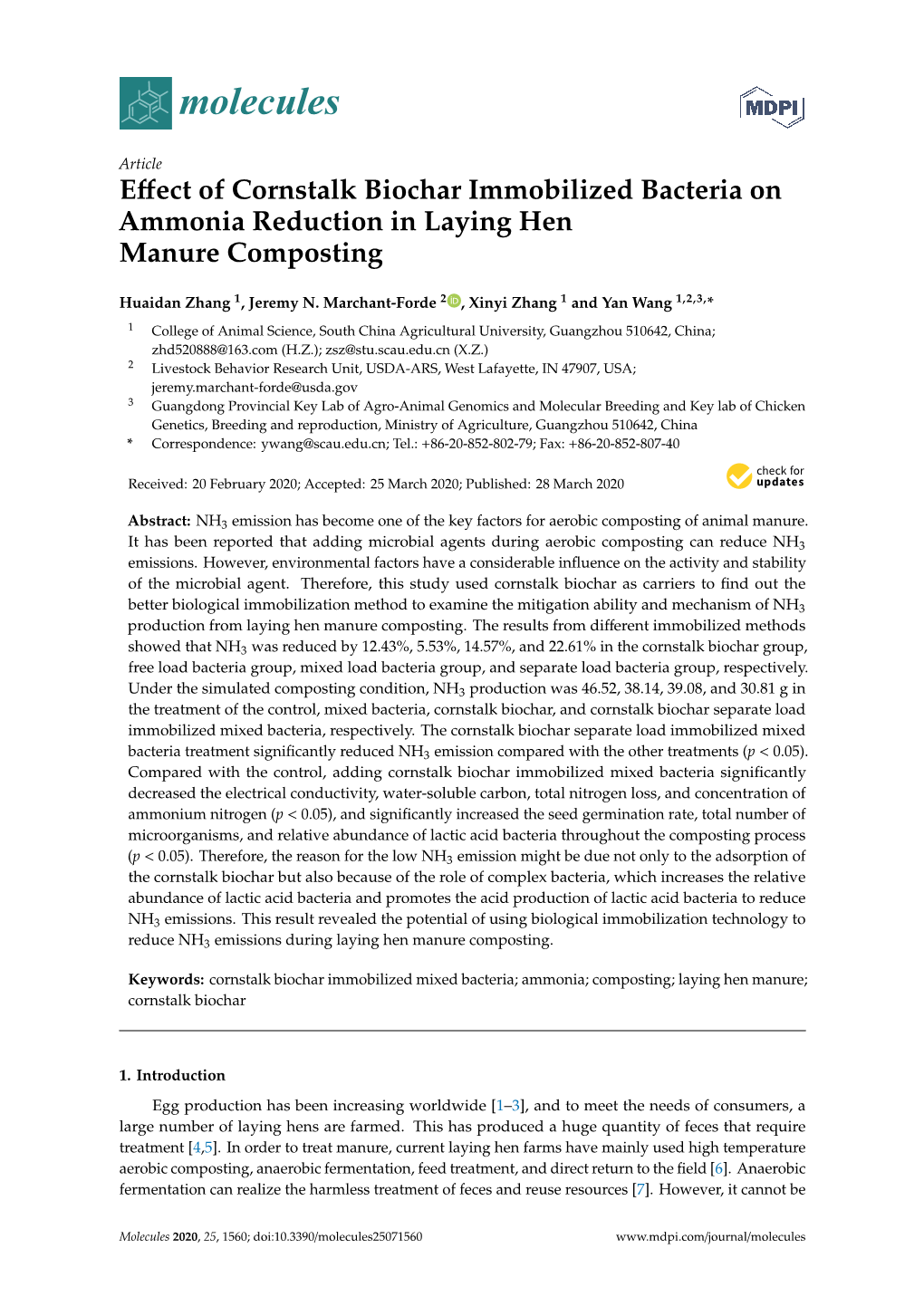 Effect of Cornstalk Biochar Immobilized Bacteria on Ammonia