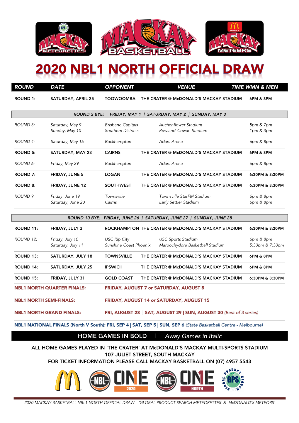 2020 Mackay Basketball NBL1 North Schedule