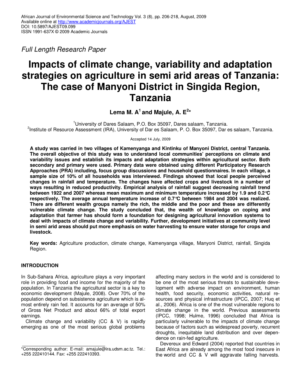 Impacts of Climate Change, Variability and Adaptation Strategies On