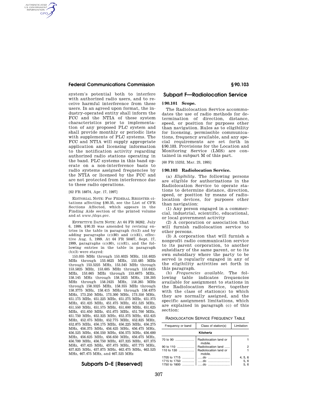 307 Subparts D–E [Reserved] Subpart F—Radiolocation Service