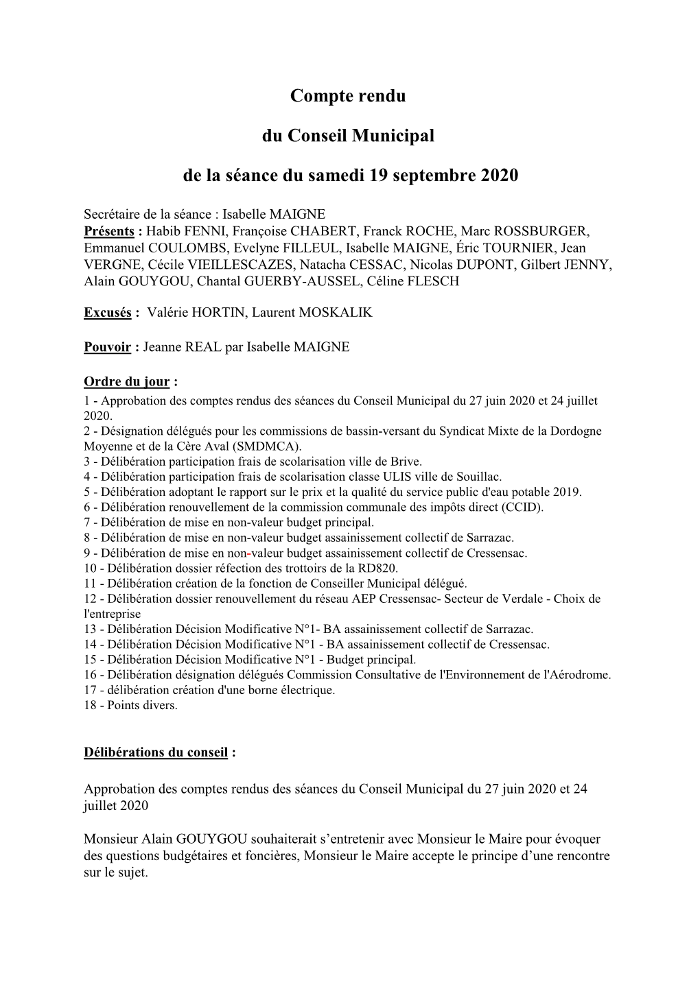 Compte Rendu Du Conseil Municipal De La Séance Du Samedi 19