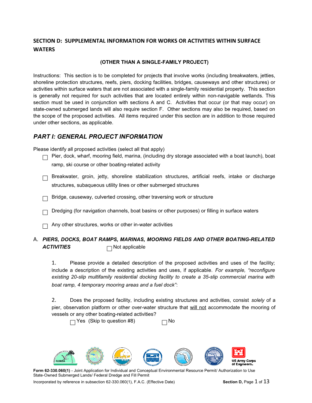 Section D: Supplemental Information for Works Or Activities Within Surface Waters