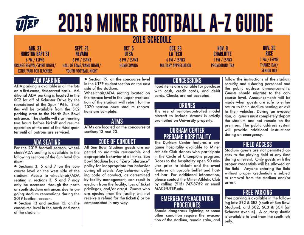 2019 Miner Football A-Z Guide 2019 Schedule Aug