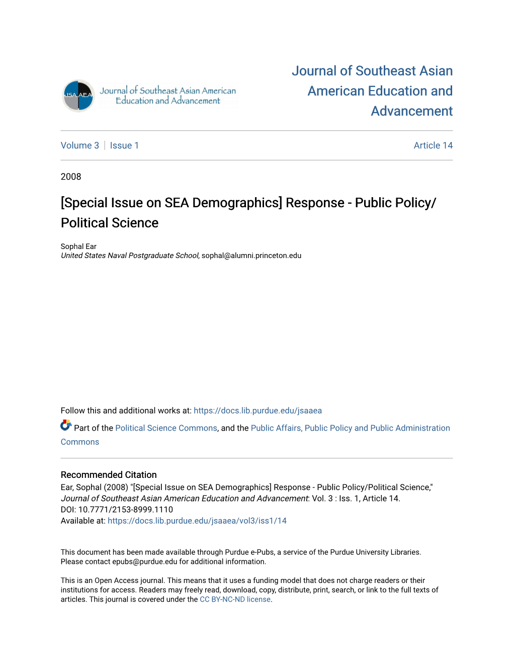 Special Issue on SEA Demographics] Response - Public Policy/ Political Science