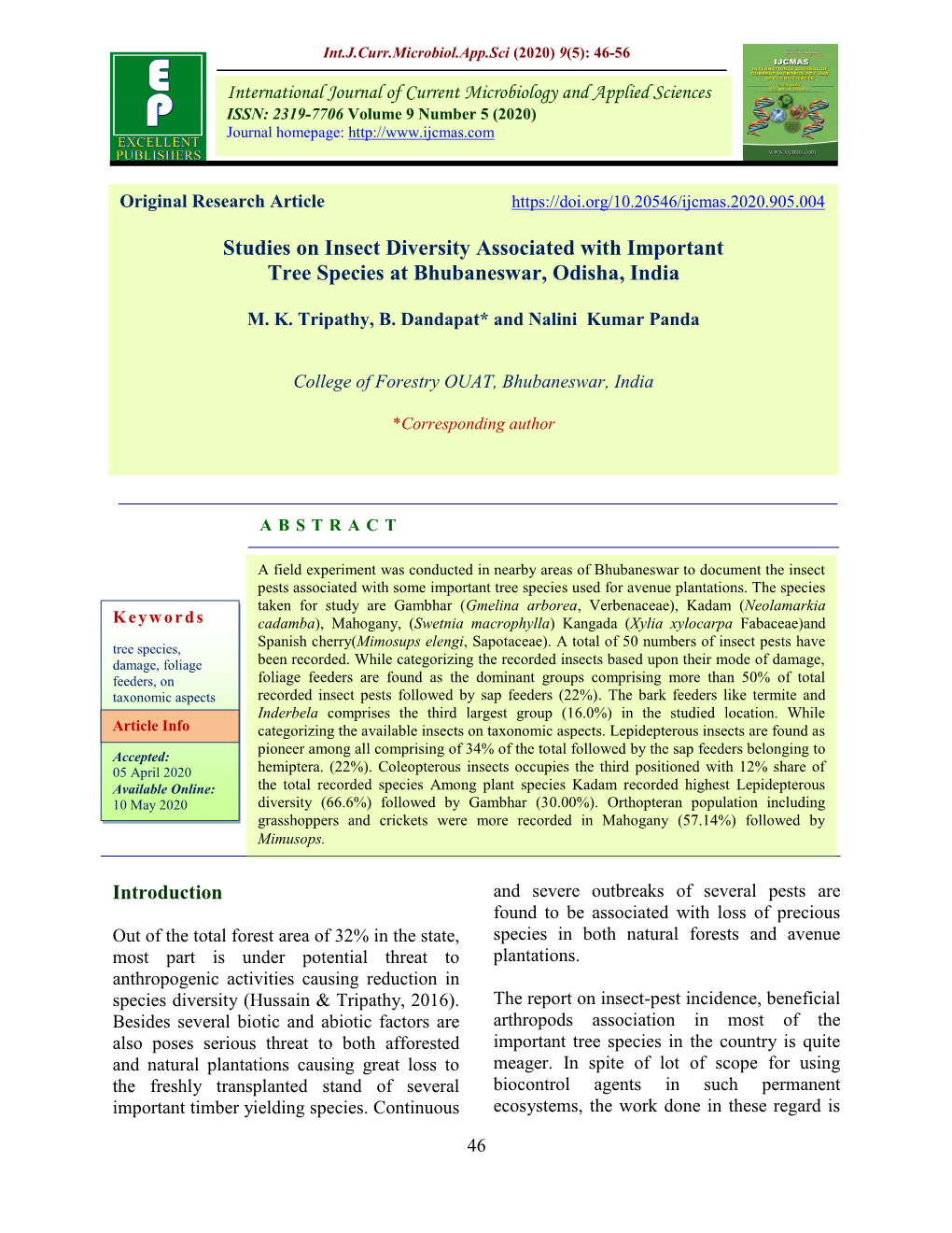 Studies on Insect Diversity Associated with Important Tree Species at Bhubaneswar, Odisha, India