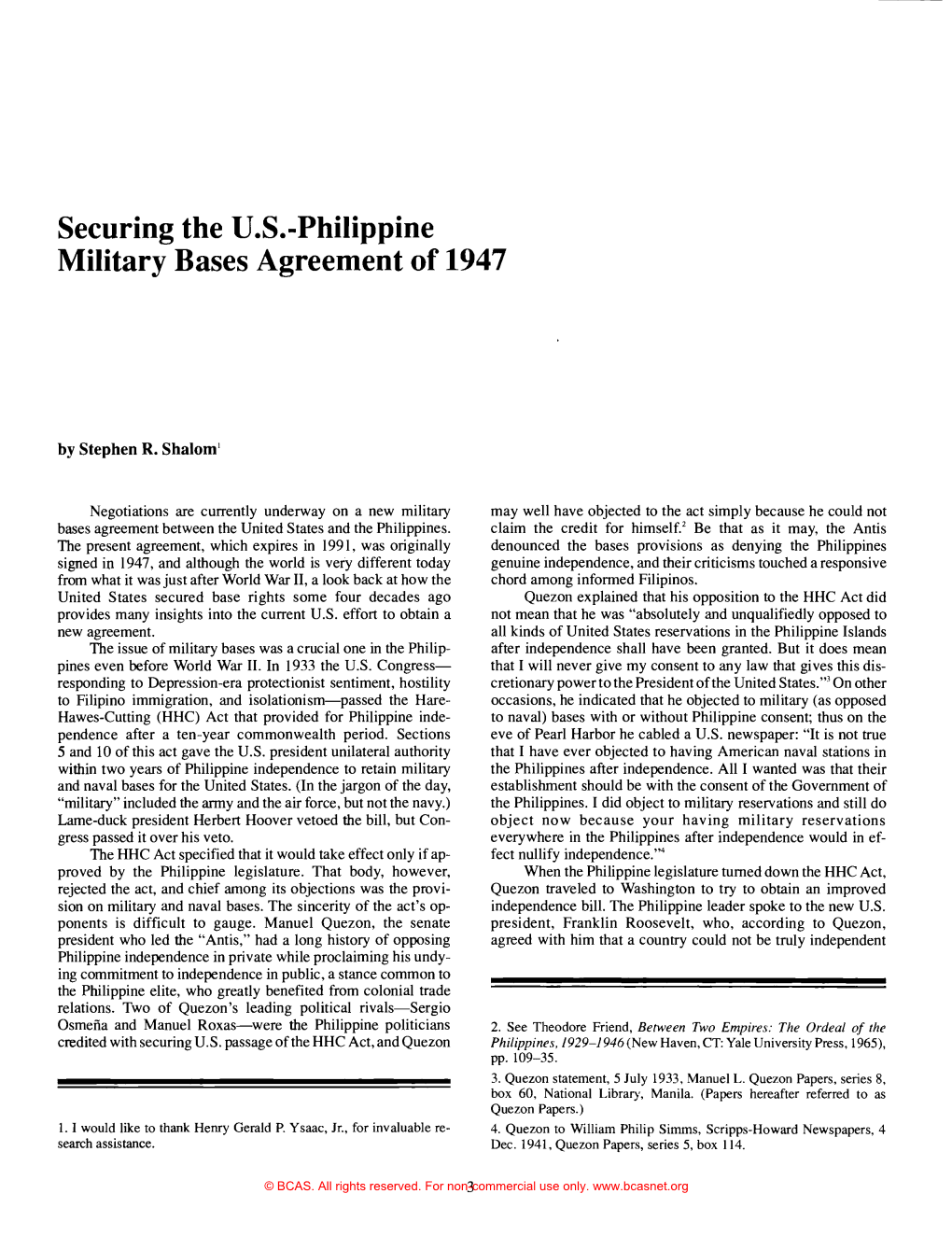 Securing the U.S.-Philippine Military Bases Agreement of 1947