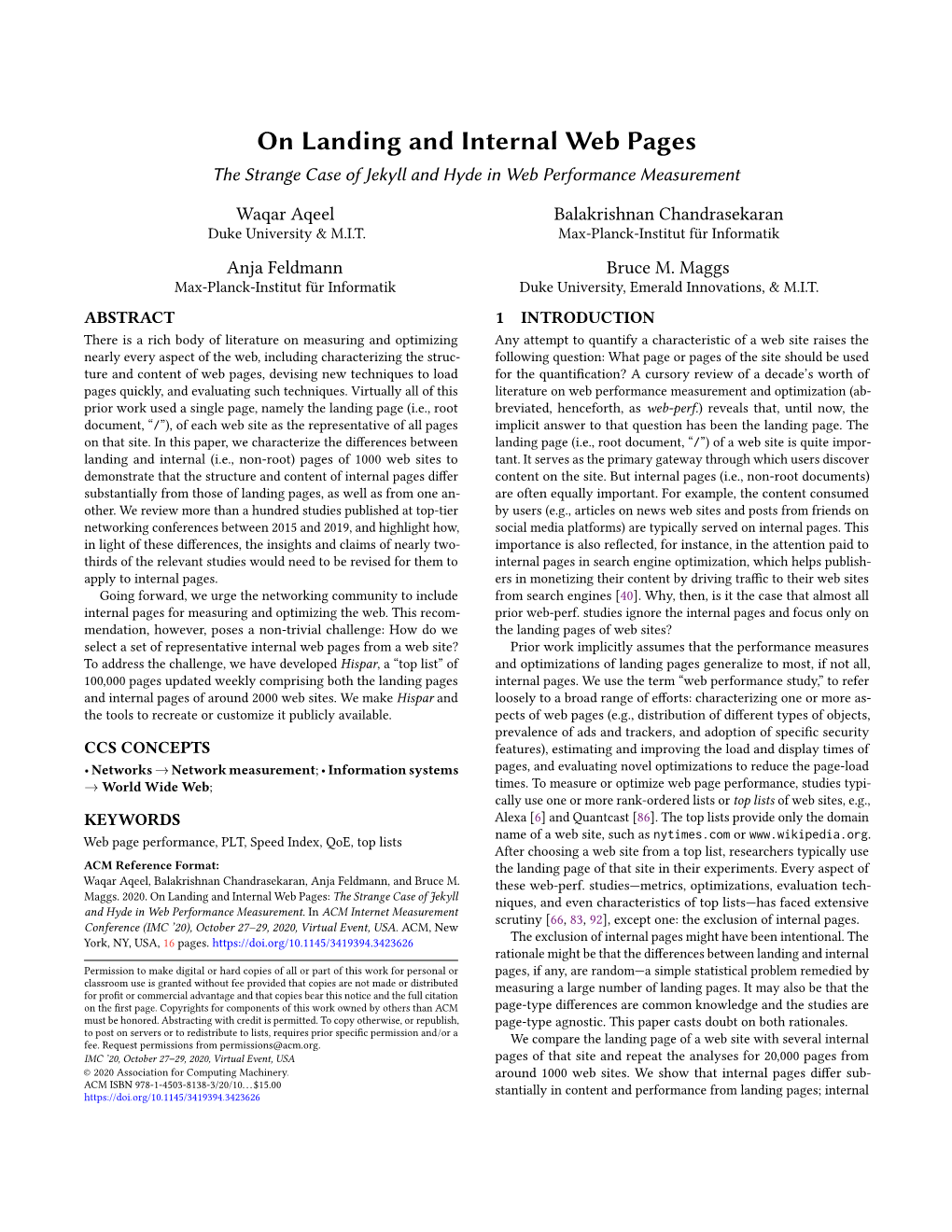 On Landing and Internal Web Pages the Strange Case of Jekyll and Hyde in Web Performance Measurement