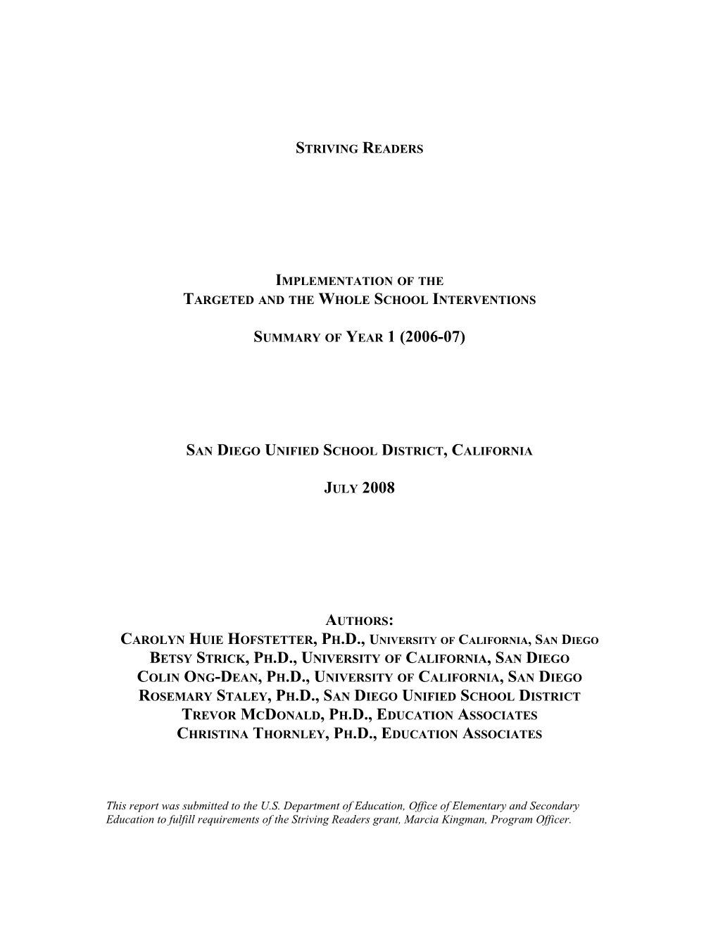 San Diego Unified School District Striving Readers Report for 2006-2007 (MS WORD)