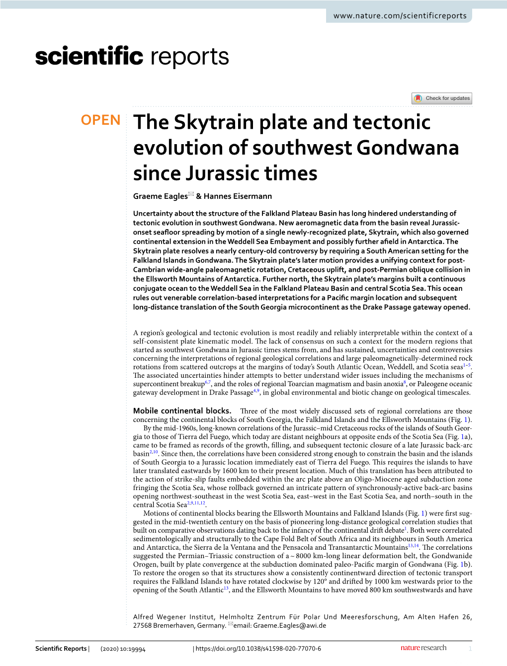 The Skytrain Plate and Tectonic Evolution of Southwest Gondwana Since Jurassic Times Graeme Eagles* & Hannes Eisermann