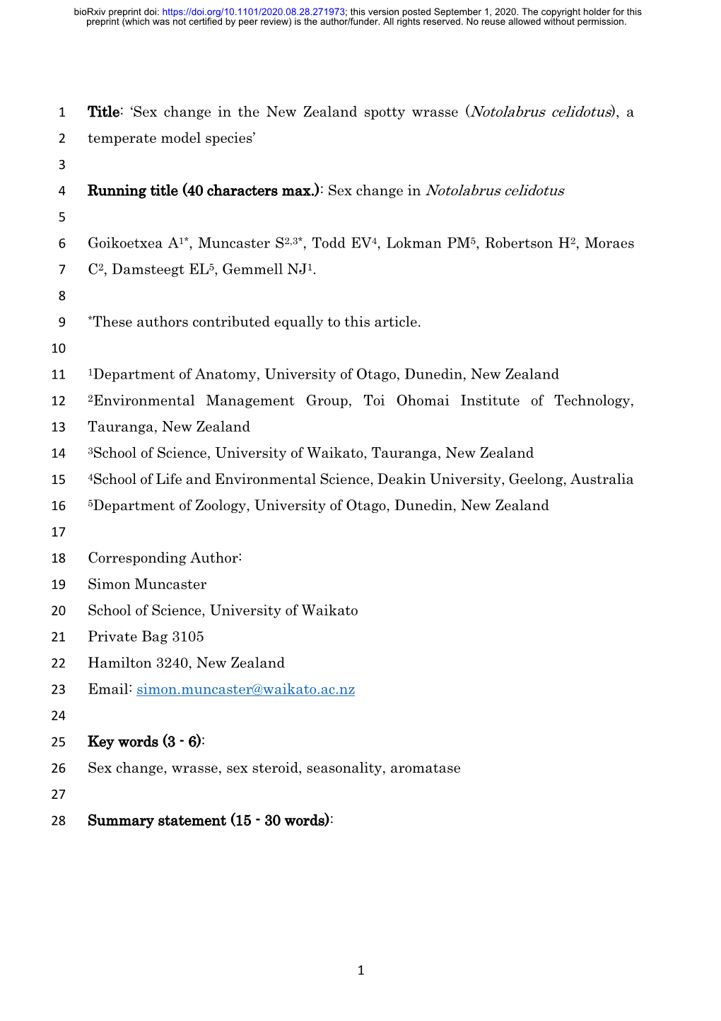 Sex Change in the New Zealand Spotty Wrasse (Notolabrus Celidotus), A