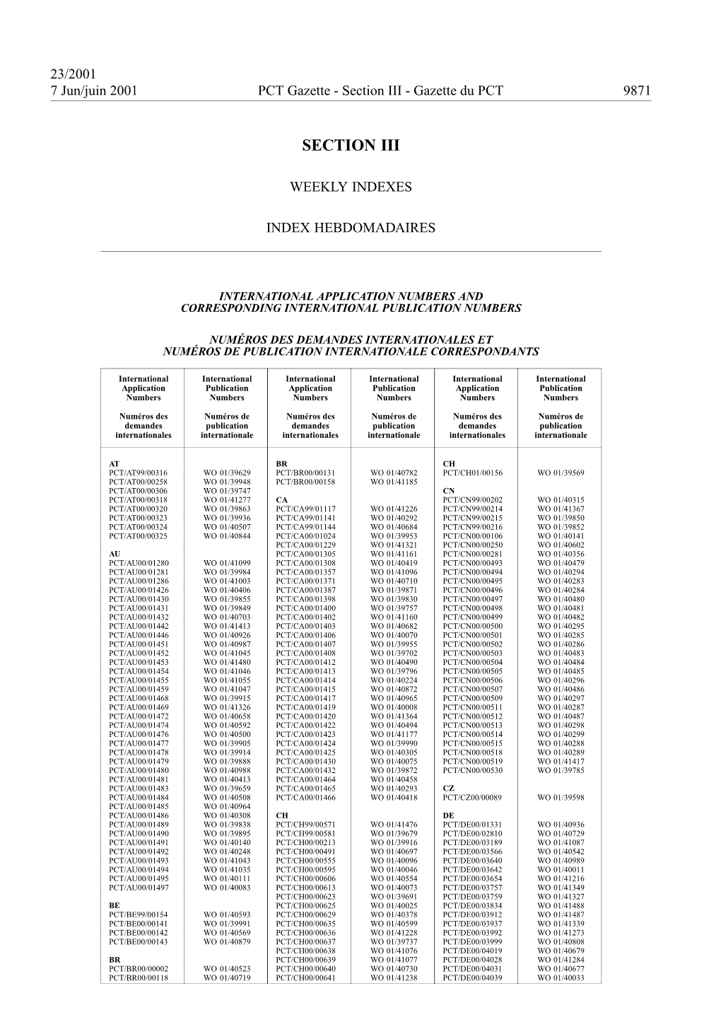 PCT Gazette, Weekly Issue No. 23, 2001