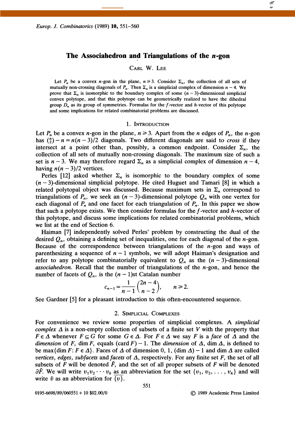 The Associahedron and Triangulations of the N-Gon