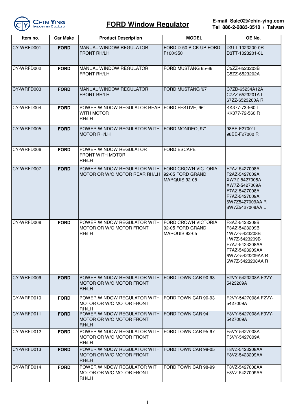 FORD Window Regulator Tel 886-2-2883-3510 / Taiwan