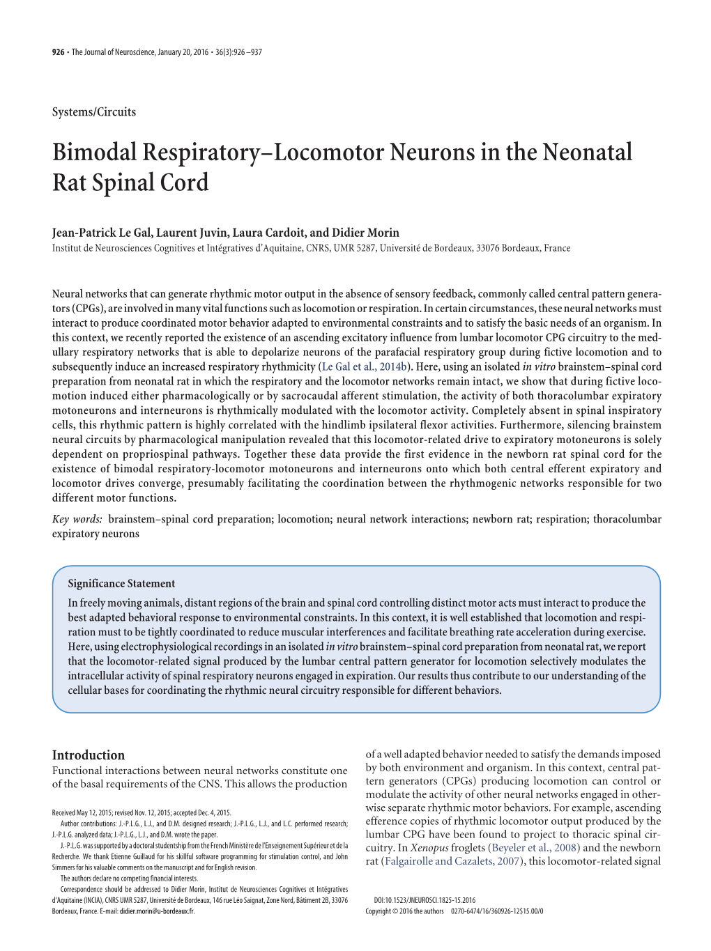 Bimodal Respiratory–Locomotor Neurons in the Neonatal Rat Spinal Cord