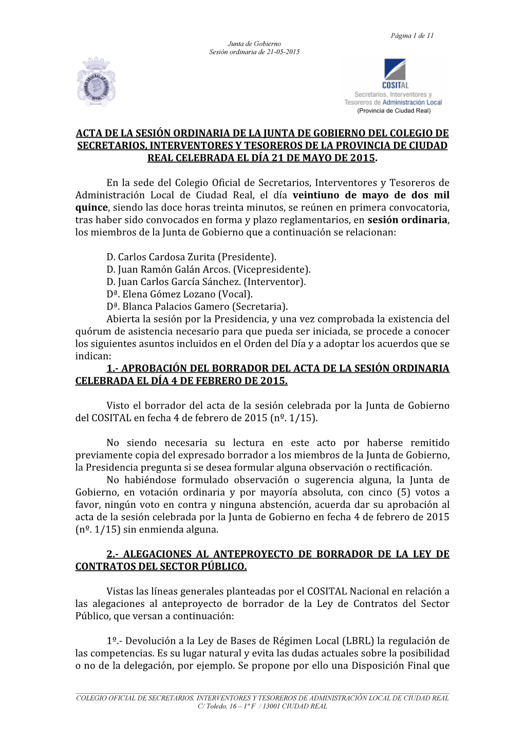 Acta De La Sesión Ordinaria De La Junta De Gobierno Del
