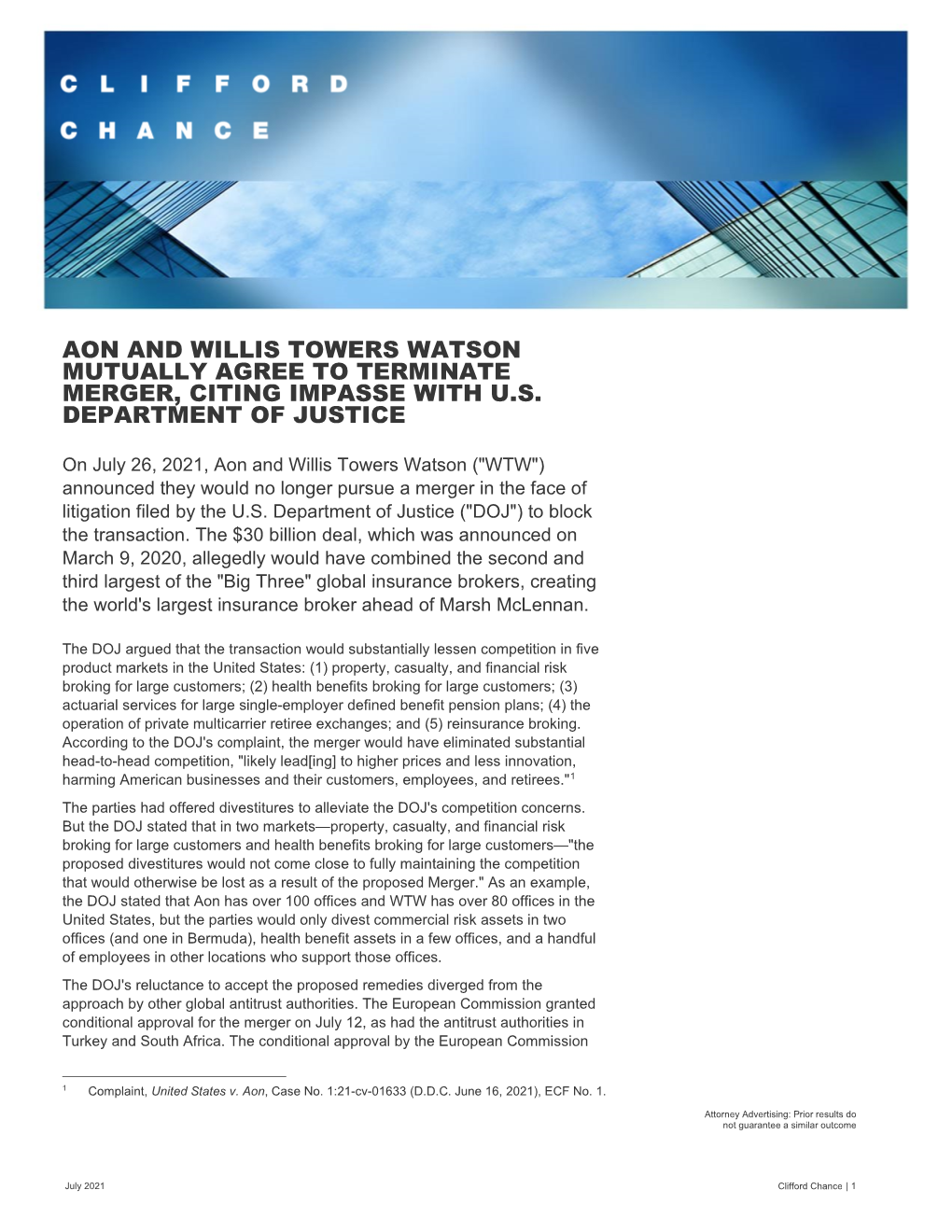 Aon and Willis Towers Watson Mutually Agree to Terminate Merger, Citing Impasse with U.S