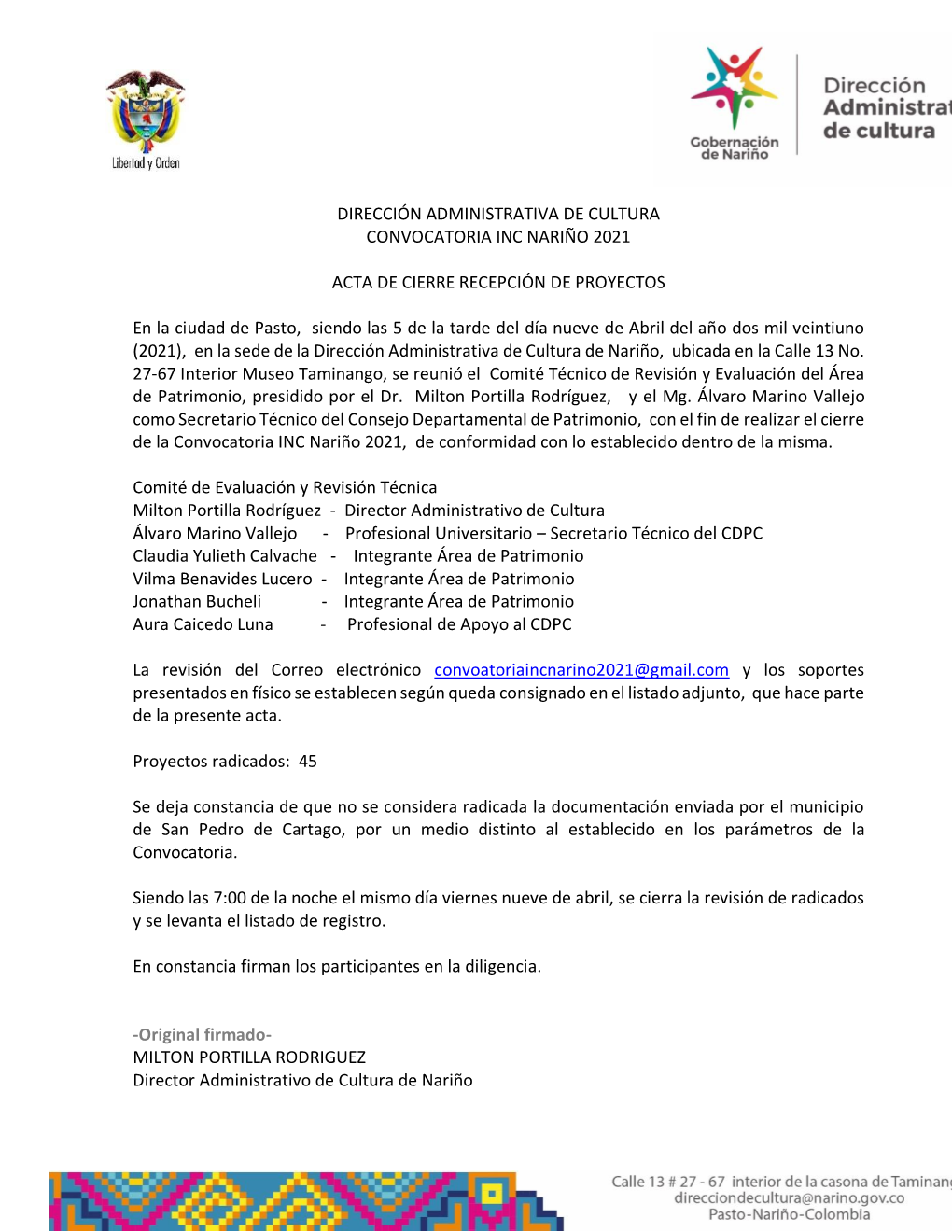 Cierre Convocatoria INC Nariño